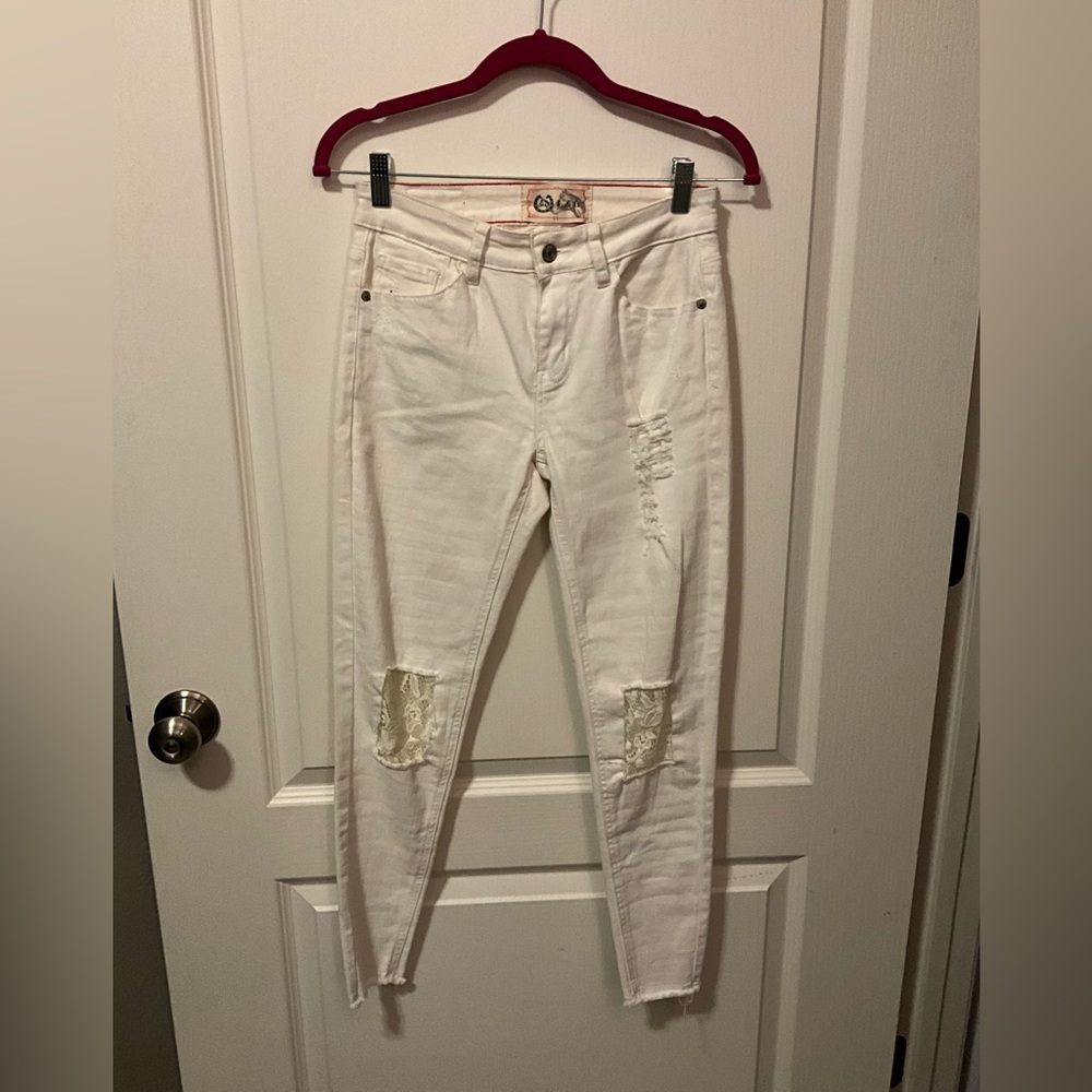 L&B Off White Skinny Lace Patch Jeans - Size 4